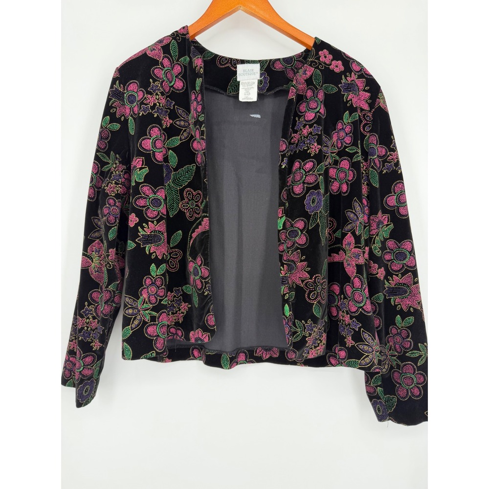 Blair Boutique Womens Velvet Floral Open Front Jacket XL Black Retro Boho Funky